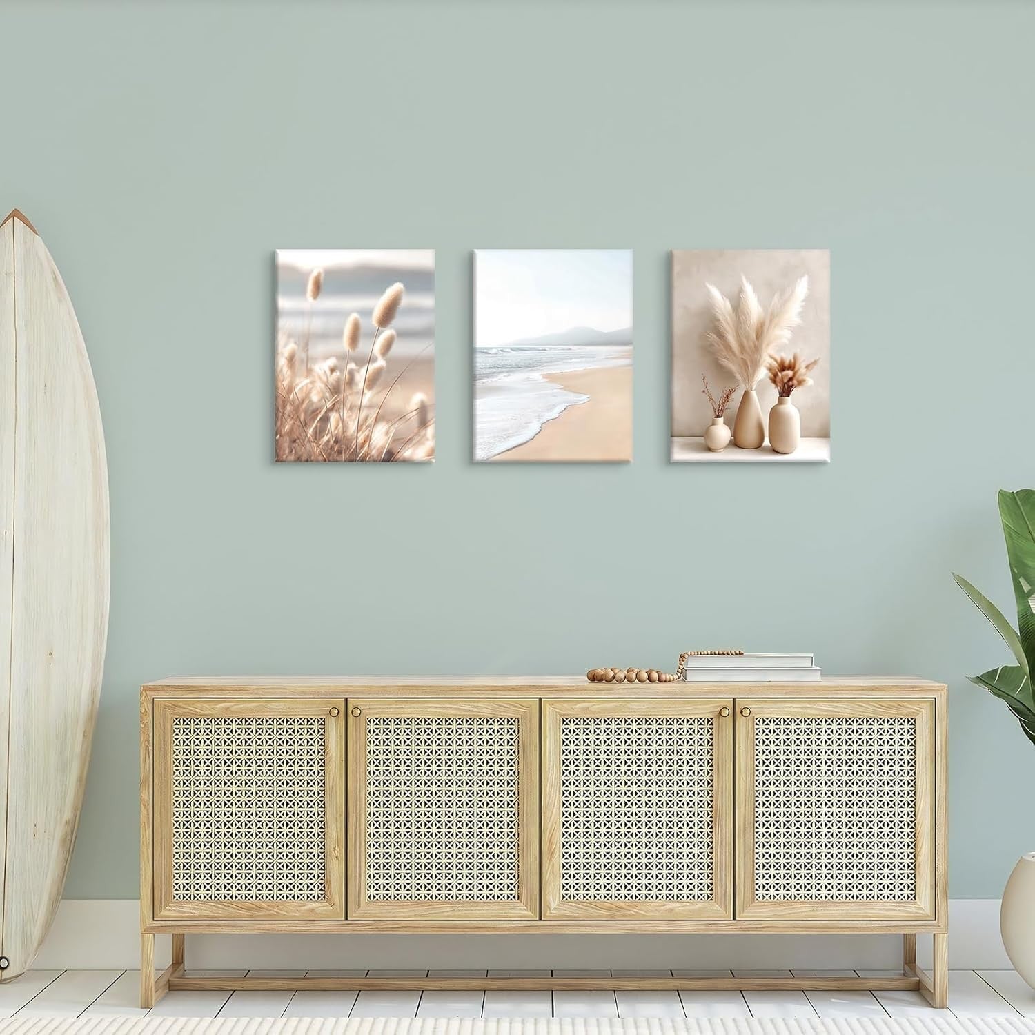 Boho Pampas Grass Canvas Wall Art Set 3 Framed 30x40cm