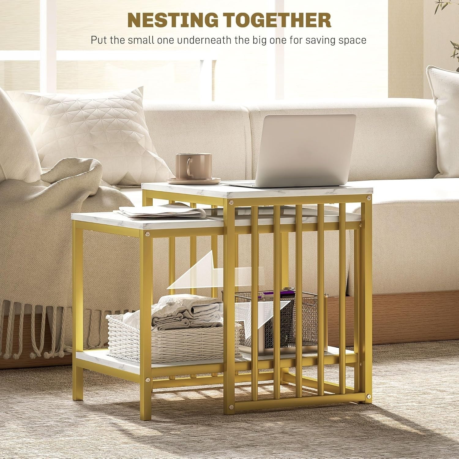 Nest of 2 Side End Coffee Tables Gold Metal Frame Wood Top Bedroom Living Room