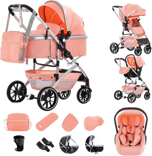 Pink 3 in 1 Baby Pram City Stroller Car Seat System One Click Folding 0-4Y