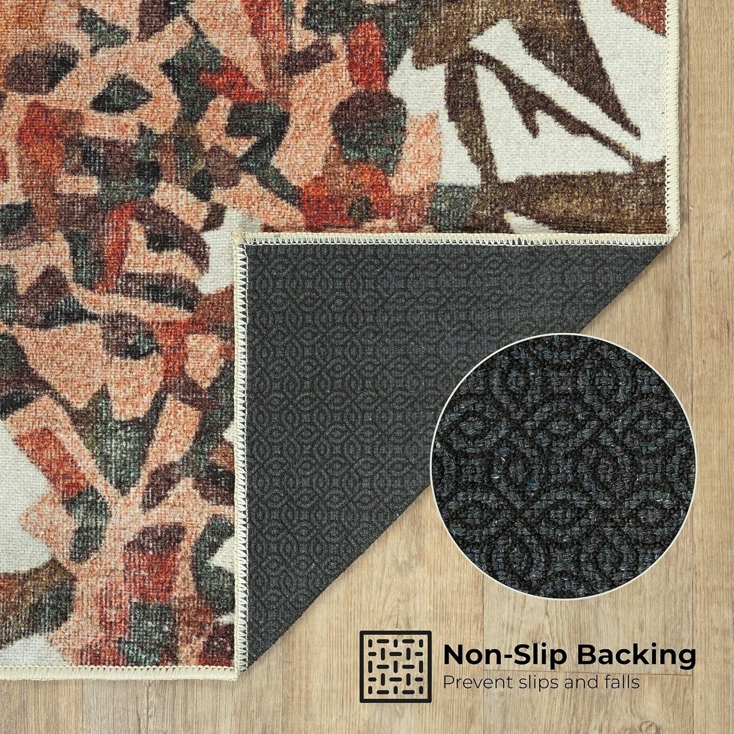 Large Washable Rug 200x290cm Non-Slip Soft Floral Area Carpet Dark Khaki Peach
