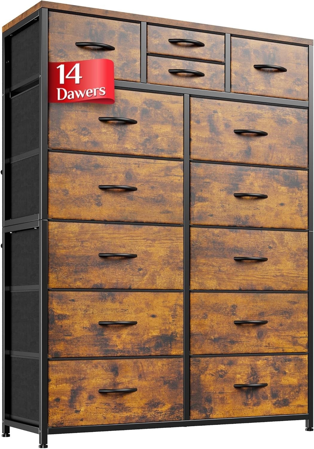 Tall Chest of Drawers 14 Fabric Storage Units Rustic Wood Metal Frame