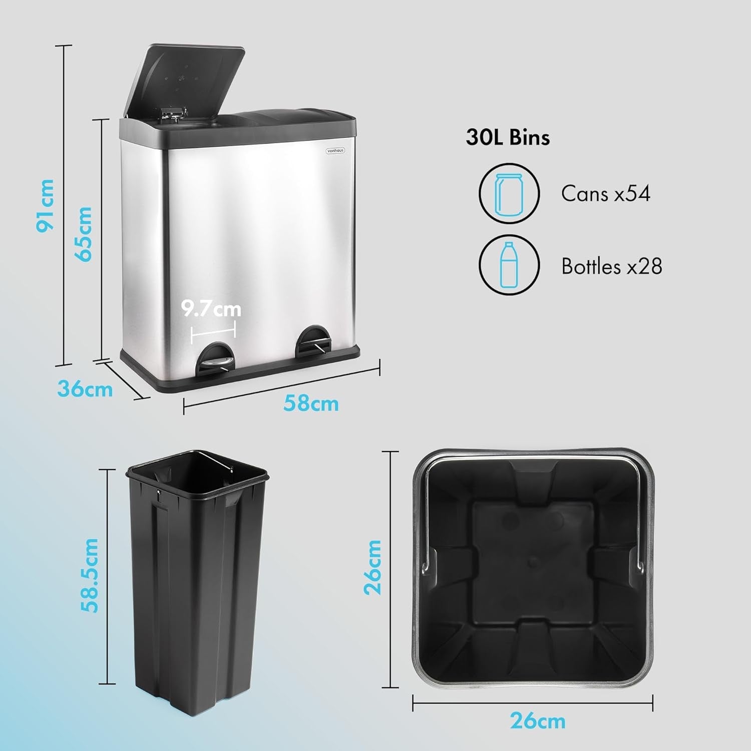 60L Dual Compartment Kitchen Bin | Touch-Free Recycling Waste Bin