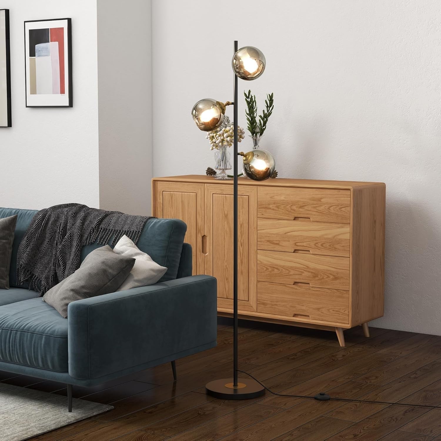 3 Light Floor Lamp Glass Globe Modern Standing Lamp Living Room Bedroom