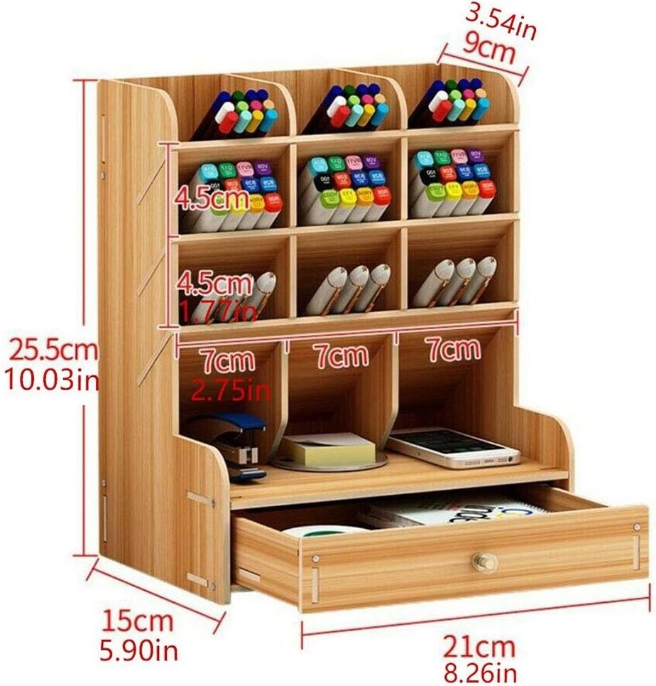 Wooden Desk Organizer Desktop Shelves with Drawer Pen Holder Office