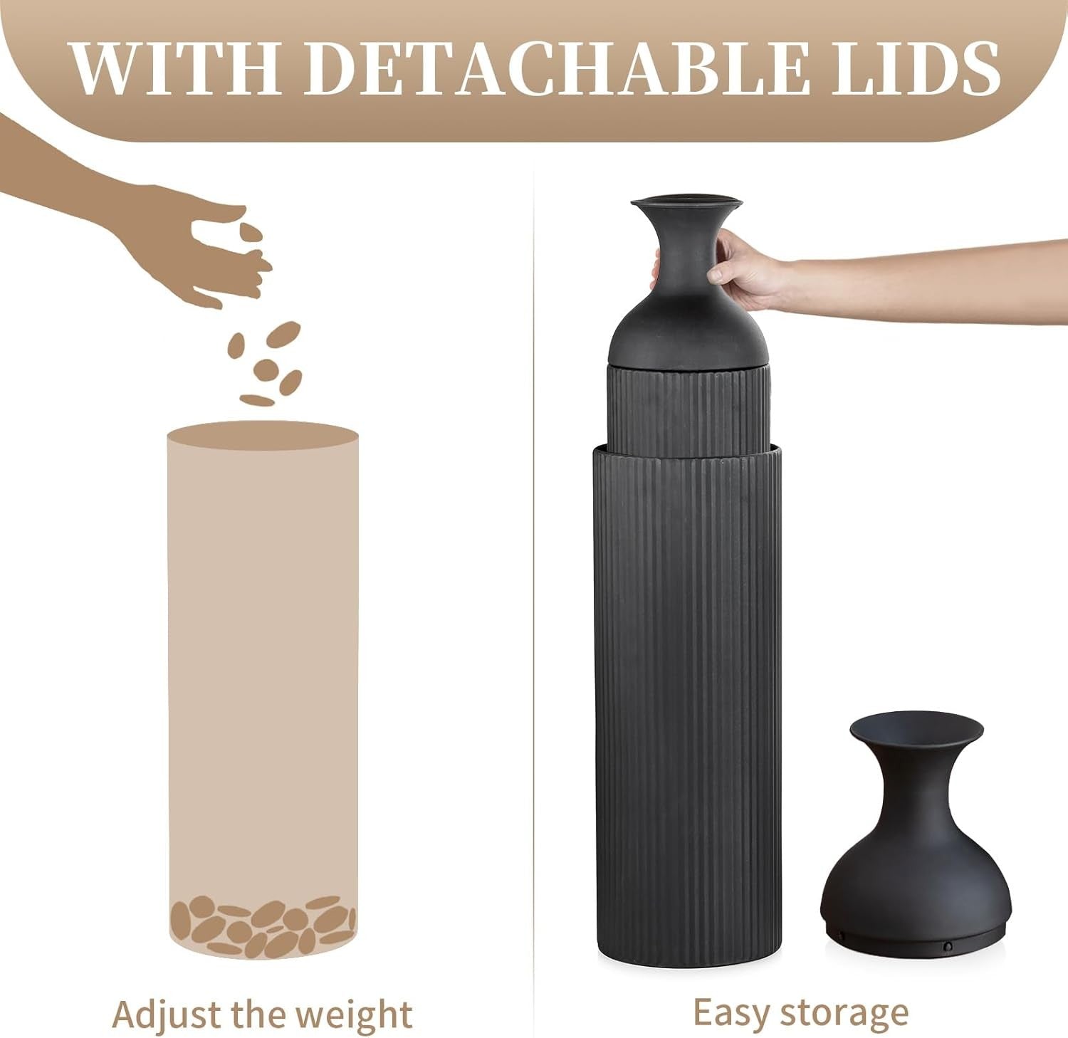 Tall Black Metal Floor Vase Set Ribbed Modern Decor for Pampas Grass