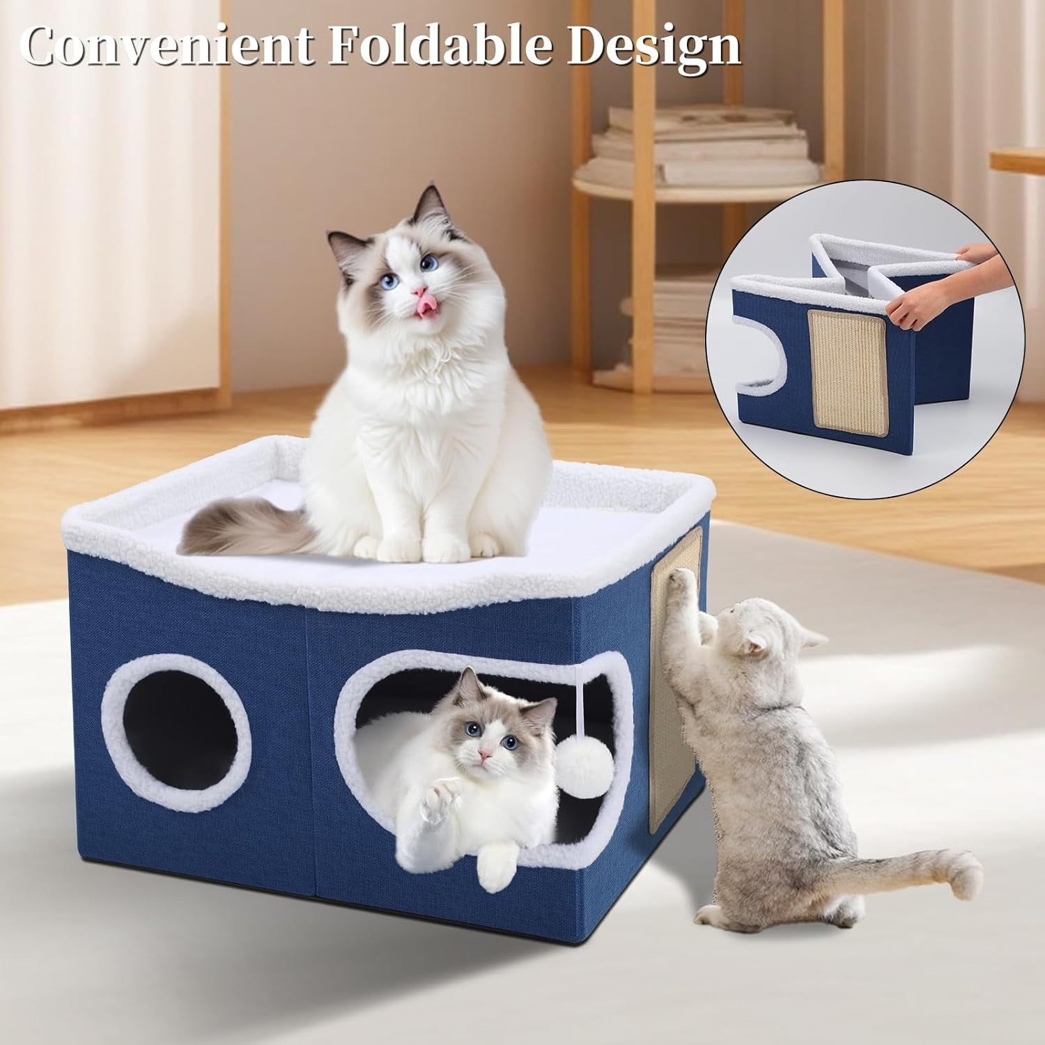 Foldable Cat House Cave Large Cat Cube w Scratch Board Play Ball