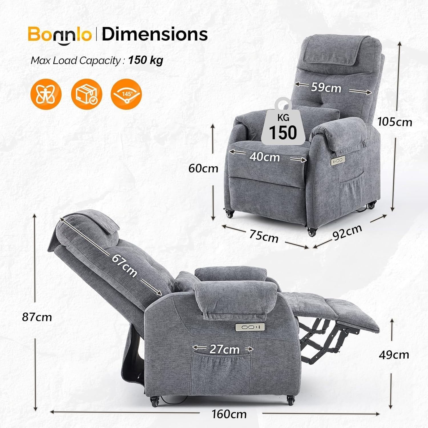 Electric Recliner Chair w/ Wheels Massage Heat High Back Footrest Fabric Grey