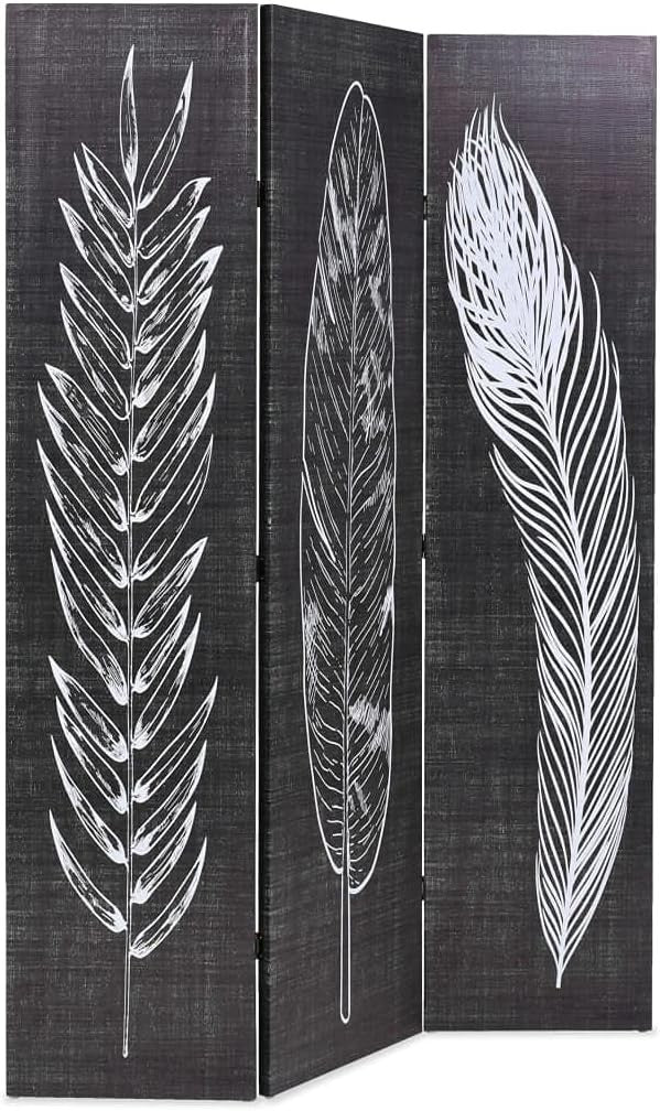 Black & White Feather Folding Room Divider 120x170cm Wood Frame Screen