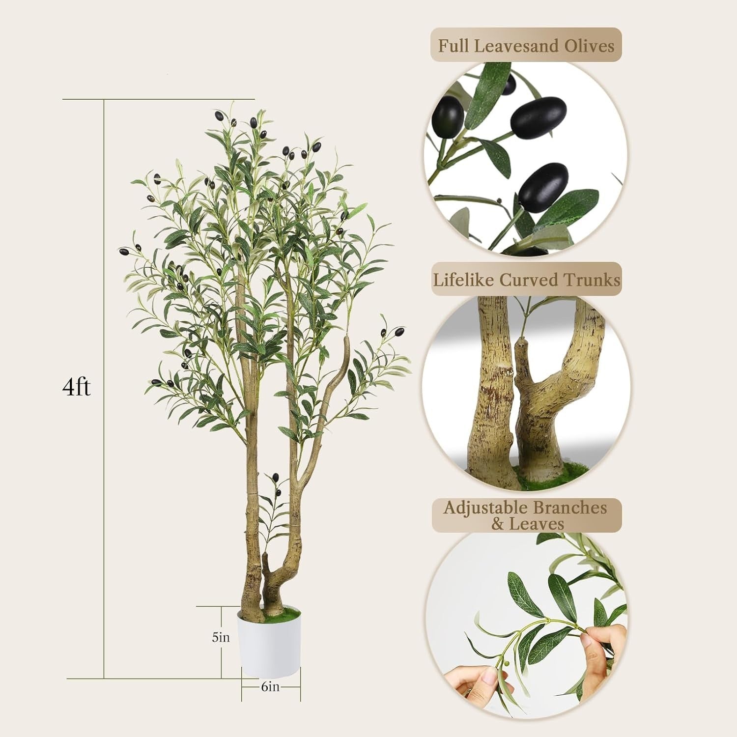 4.5ft Artificial Olive Tree Tall Faux Plant With Curved Trunk Indoor Home Decor