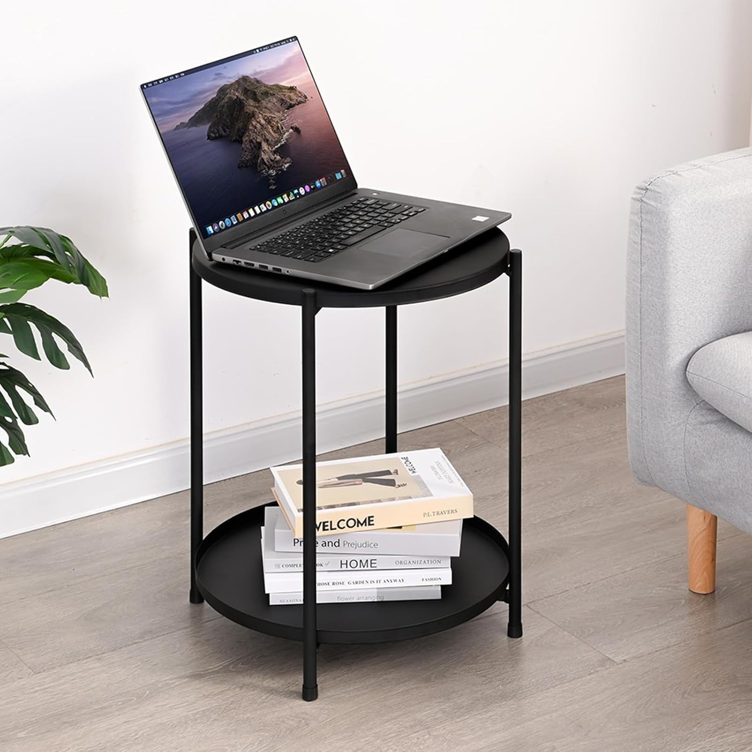 2-Tier Round Side Table with Removable Metal Tray, Sturdy Anti-Rust Coffee Table