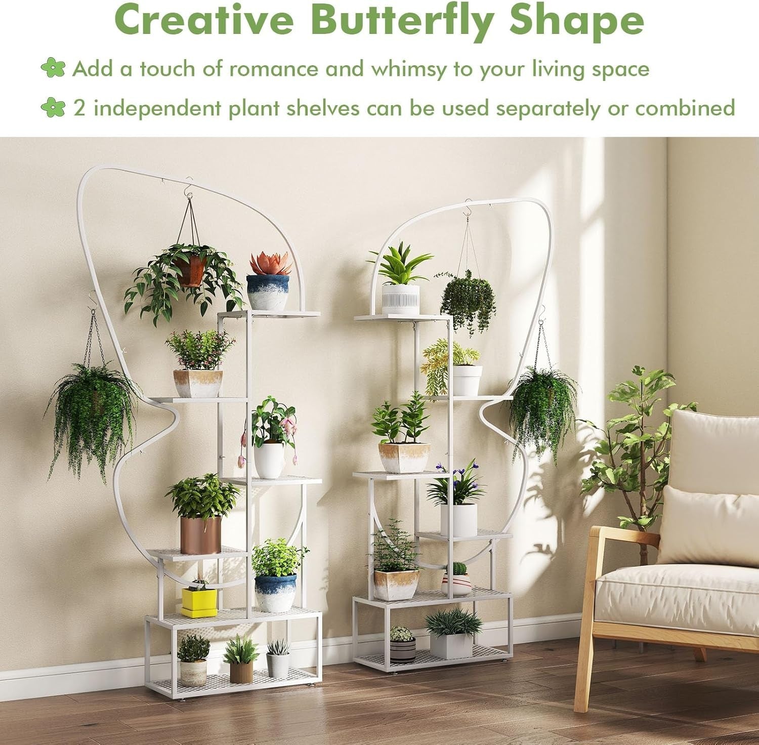 6 Tier White Metal Plant Stand Butterfly Shape Tall Indoor Outdoor Flower Shelf