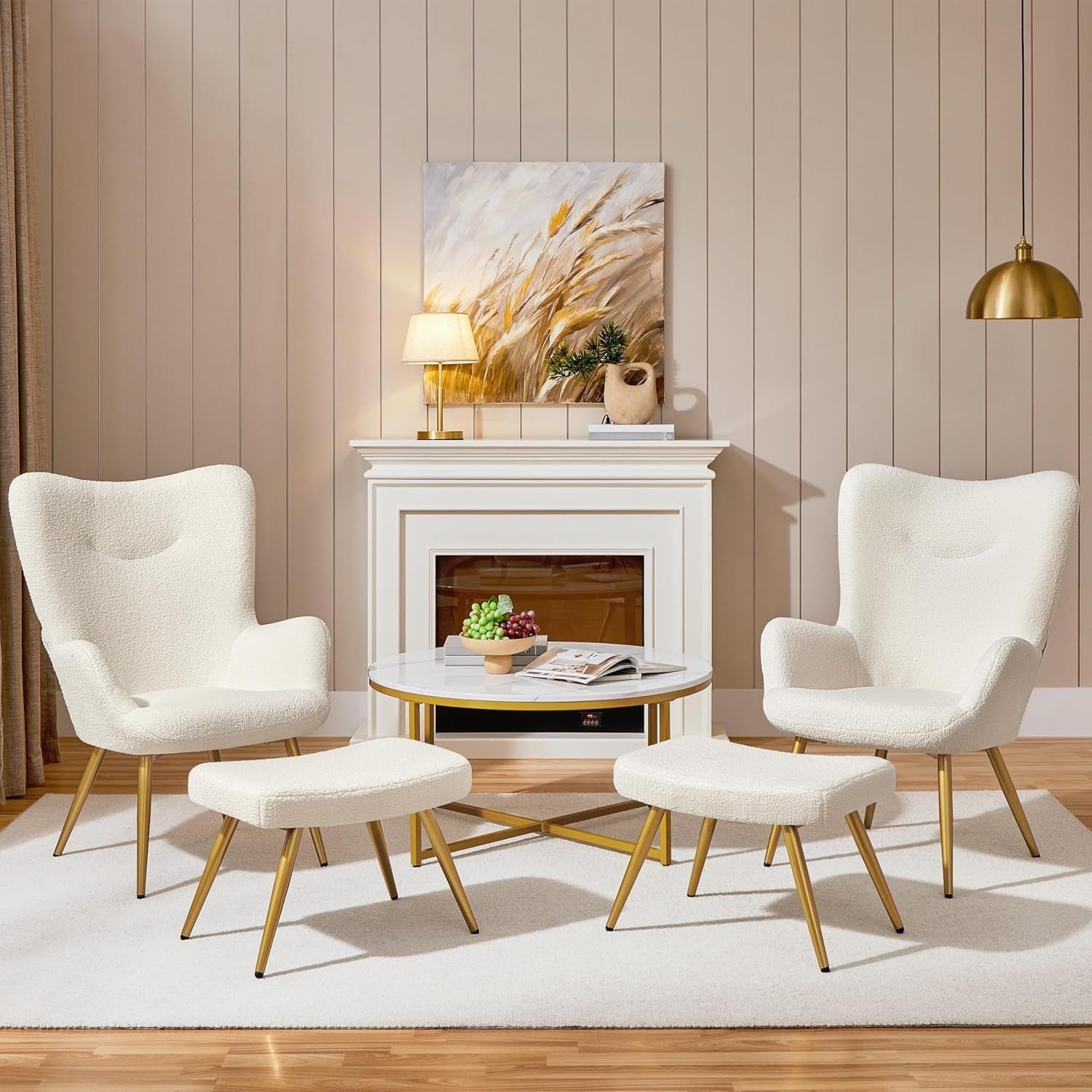 Sherpa Boucle Armchair with Ottoman High Back Lounge Chair Ivory