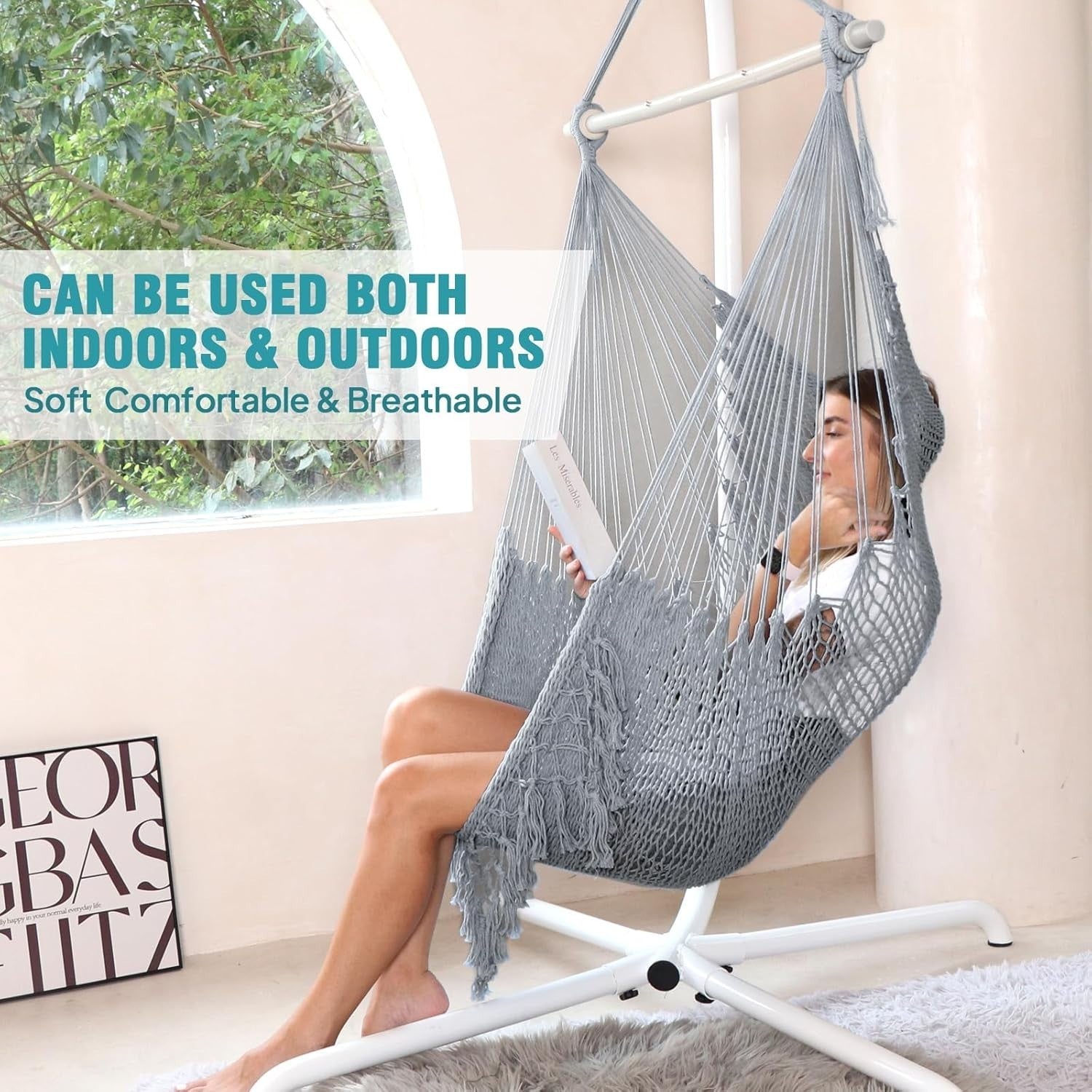 Light Grey Hanging Hammock Chair – Cotton Mesh, Indoor Outdoor, 120kg Max