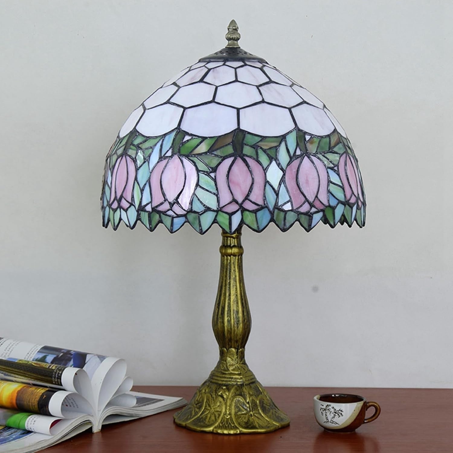 Pink Tulip Tiffany Table Lamp Stained Glass 18" High Bedside Light