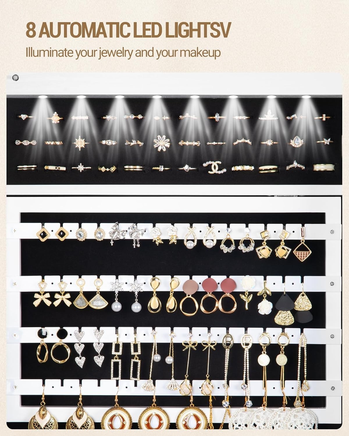 White & Black LED Jewelry Cabinet Mirror Lockable Rolling Storage Rack