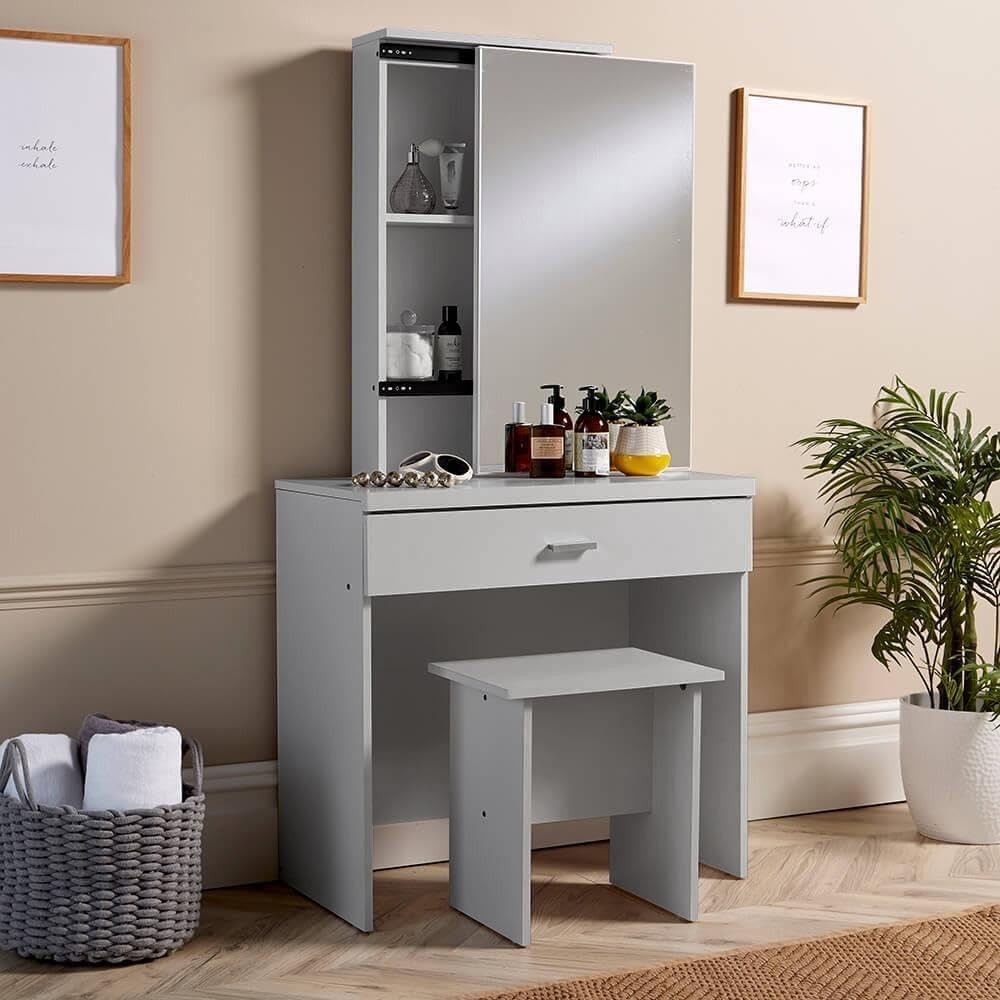 Grey Dressing Table Set with Mirror & Stool, 1 Drawer, Hidden Storage, Makeup Va