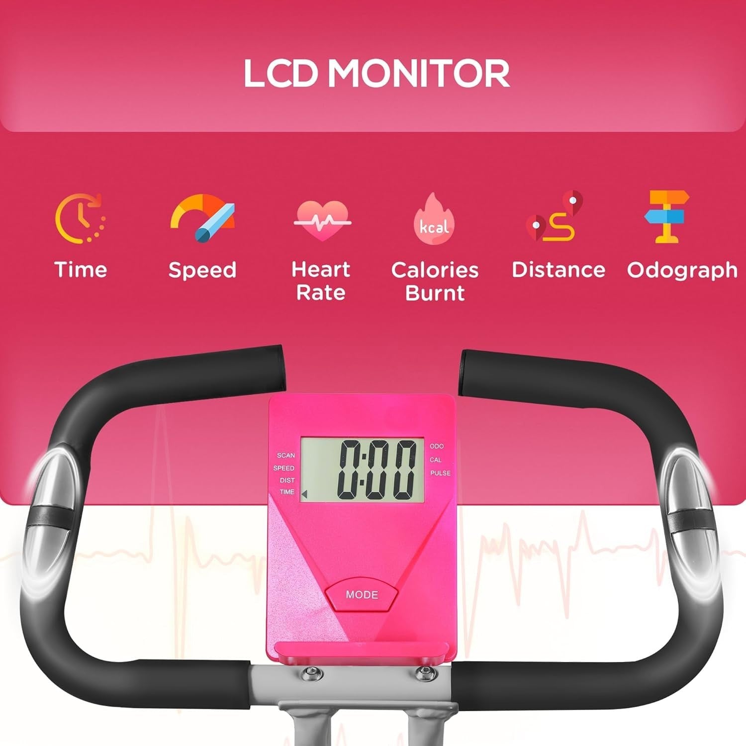 Pink Foldable Exercise Bike Quiet 8-Level Magnetic LCD Pulse Home Workout