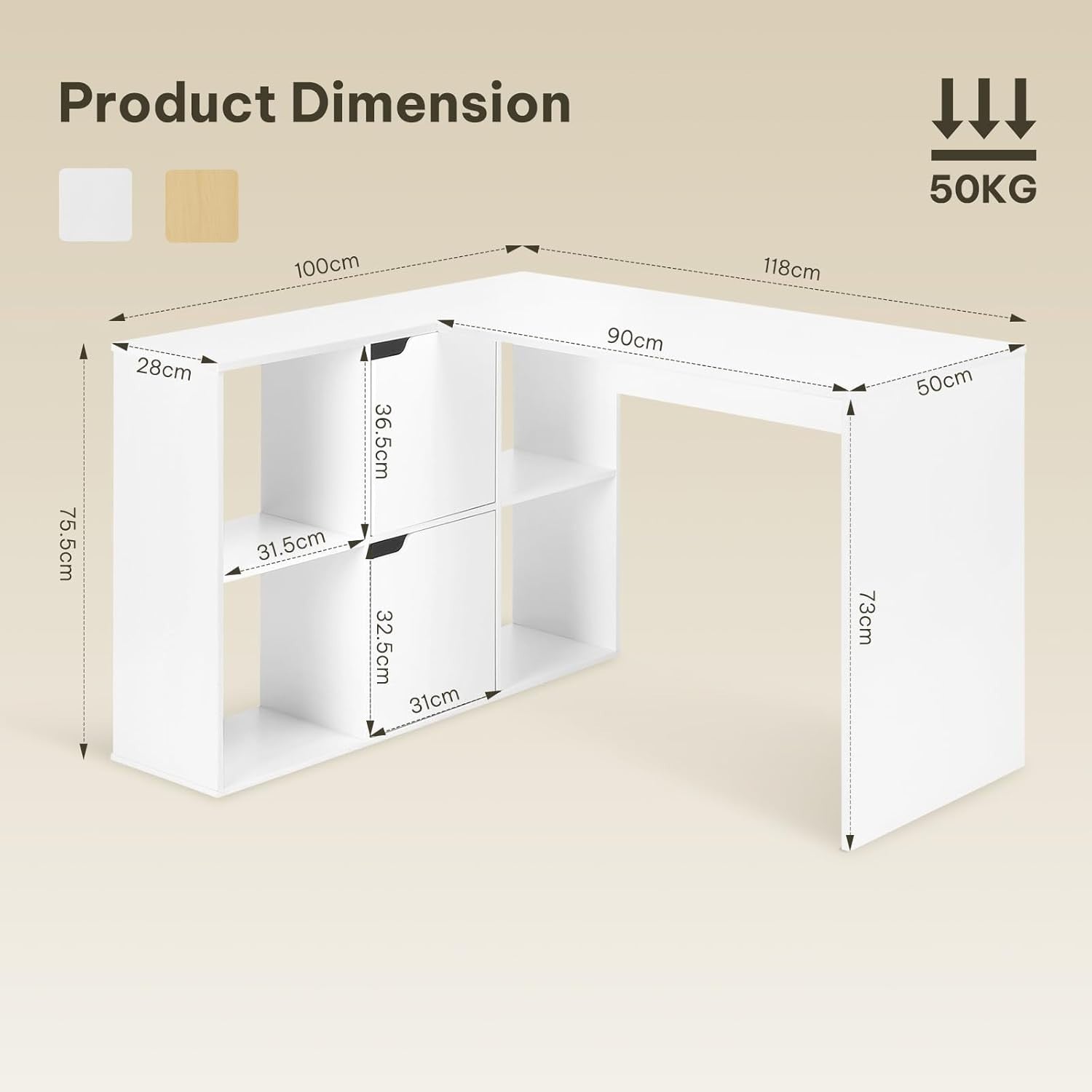 Corner L-Shaped Desk 120x100cm with 6 Storage Cubes Double Top White