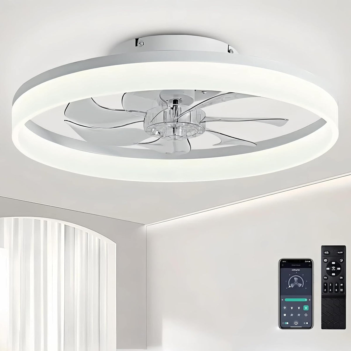 50cm Ceiling Fan Light, Remote & App, 6 Speed, Quiet Dimmable LED