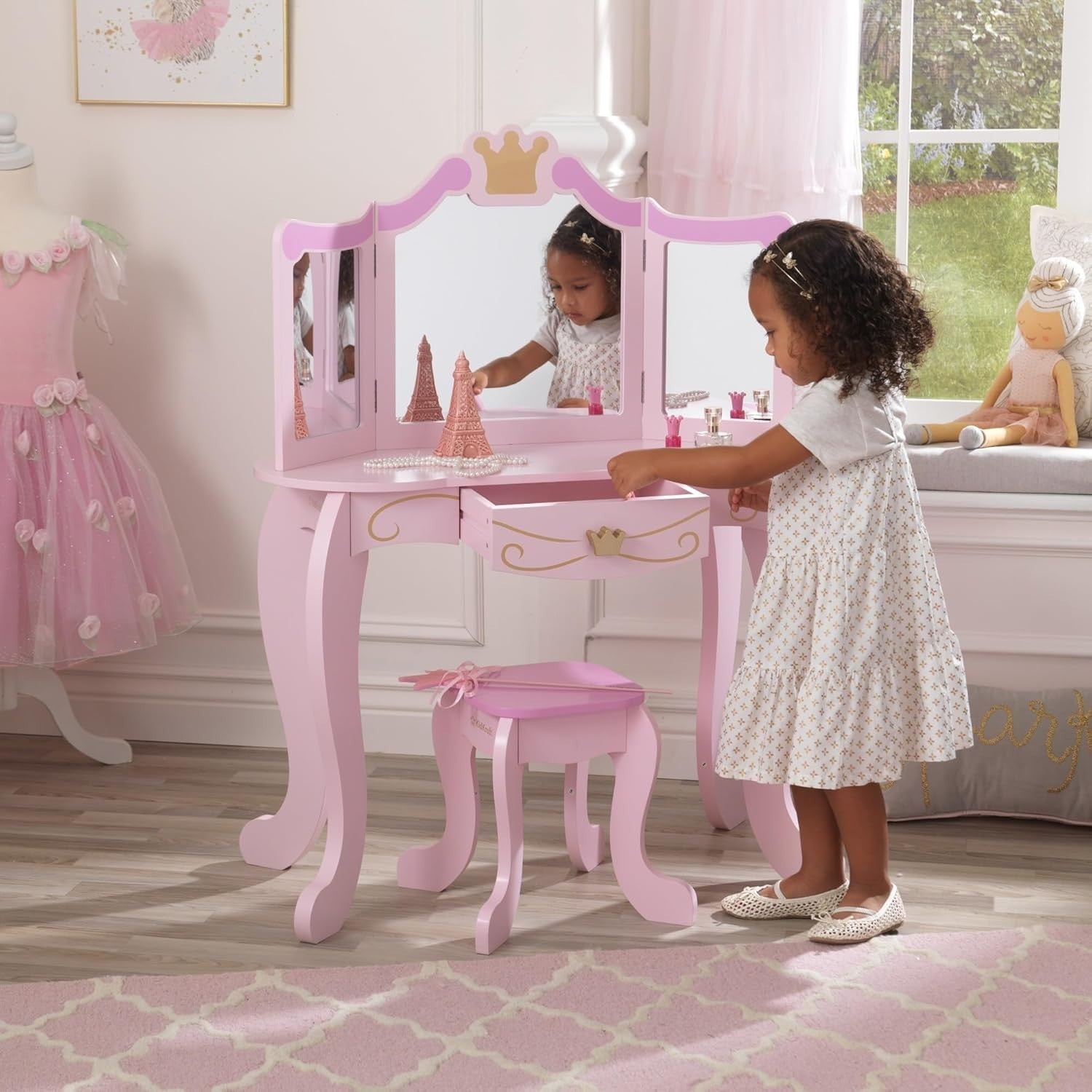 Kids Wooden Princess Vanity Table with Mirror, Stool & Storage Drawer