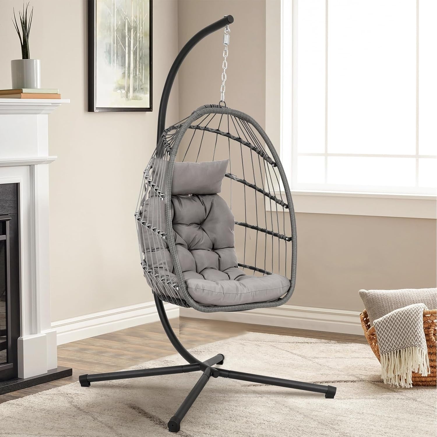 Indoor Outdoor Hanging Egg Chair with Stand Plush Cushion Patio Swing Seat