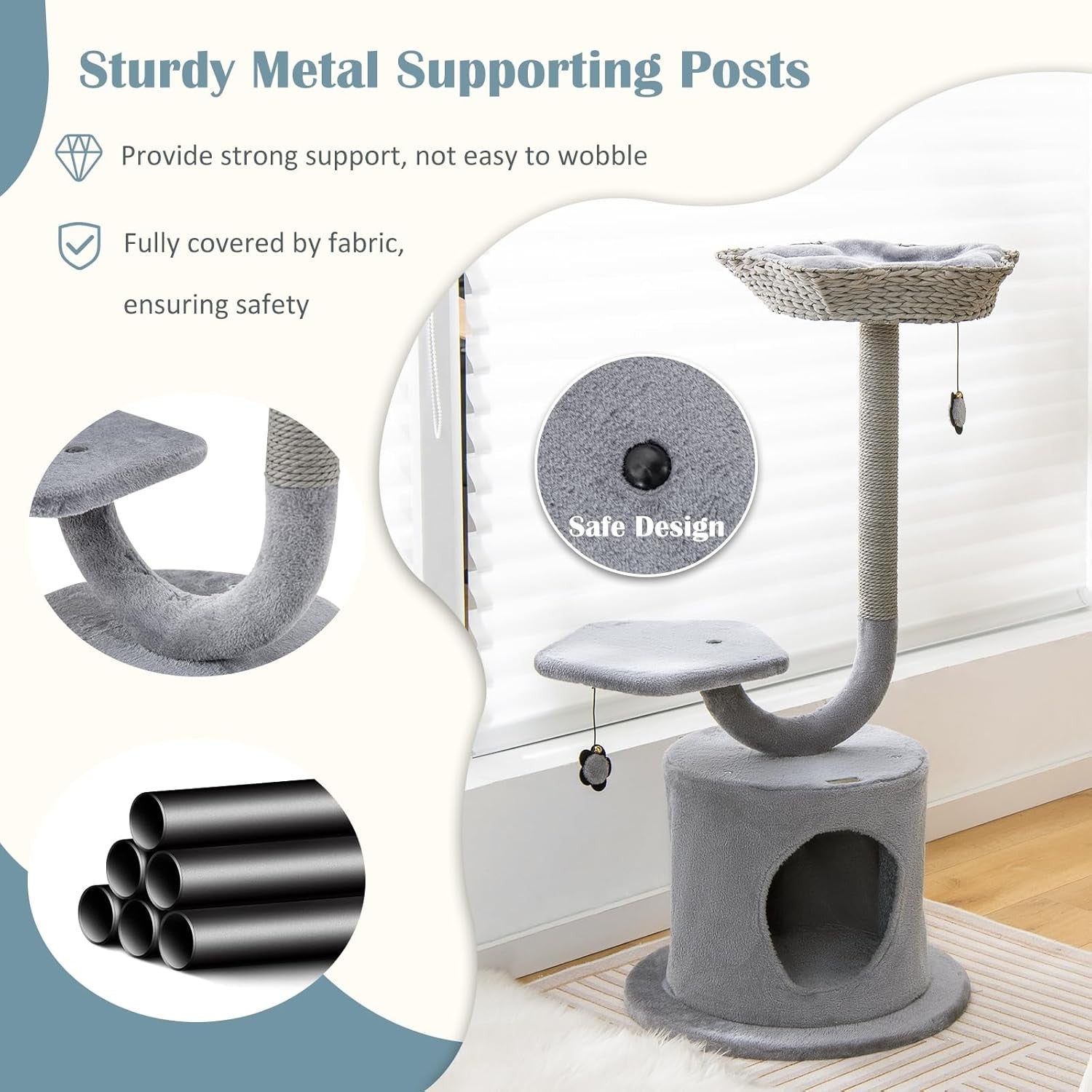 3 Tier Cat Tree Tower Grey Large Top Bed Condo Scratching Post Indoor Cats