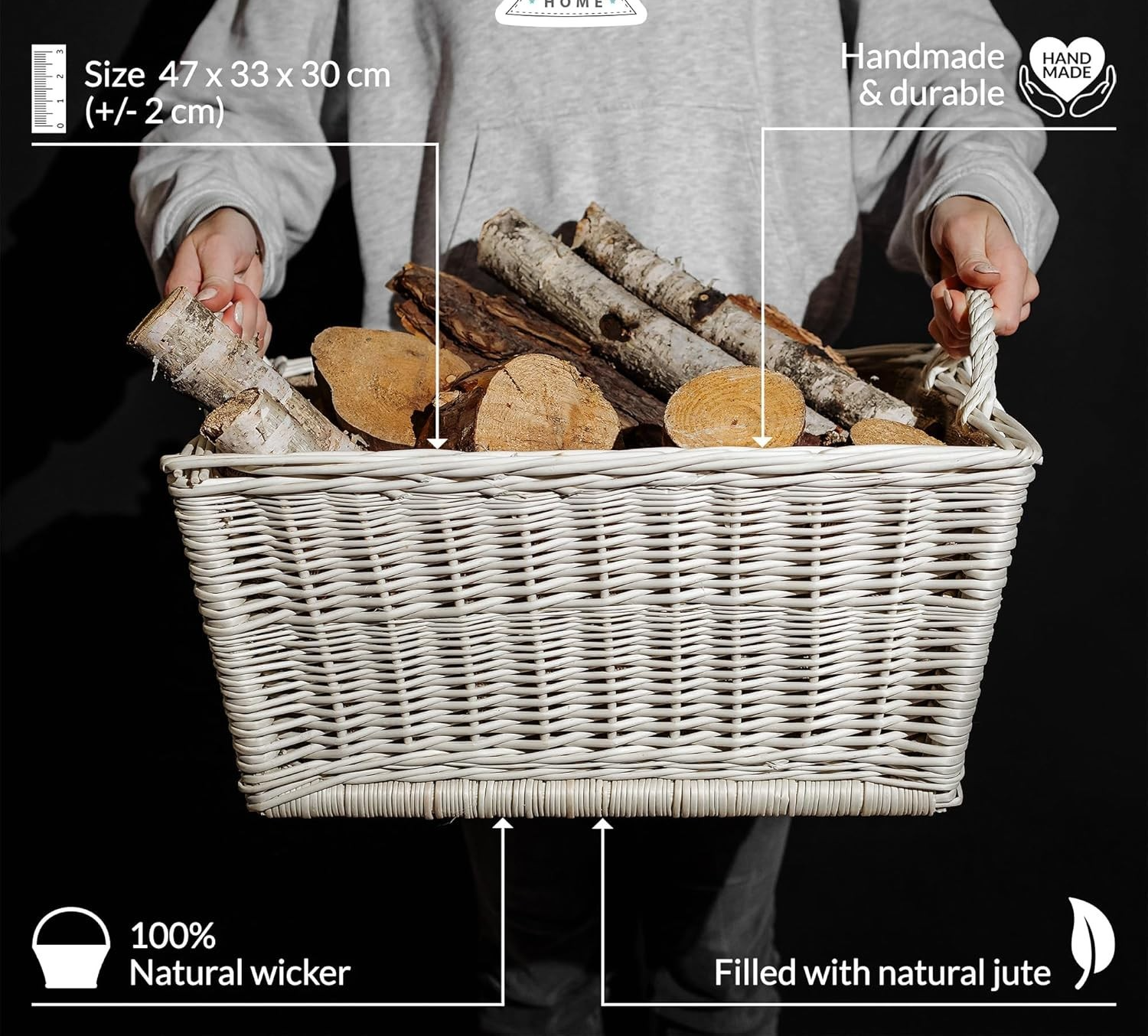 White Wicker Log Basket with Liner | Firewood Storage 47x33x30cm