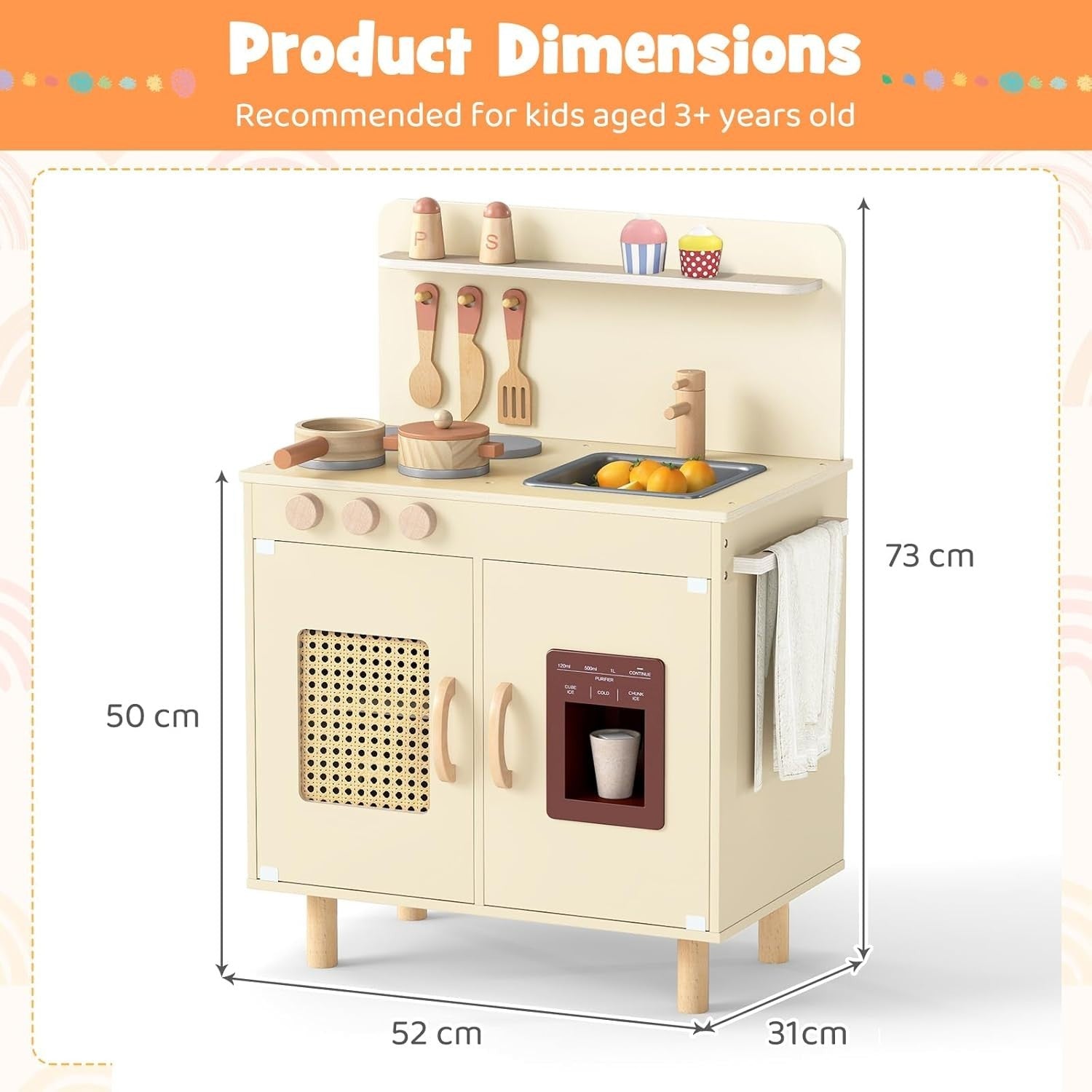 Kids Wooden Play Kitchen w/ Ice Maker Sink Yellow Toy Set