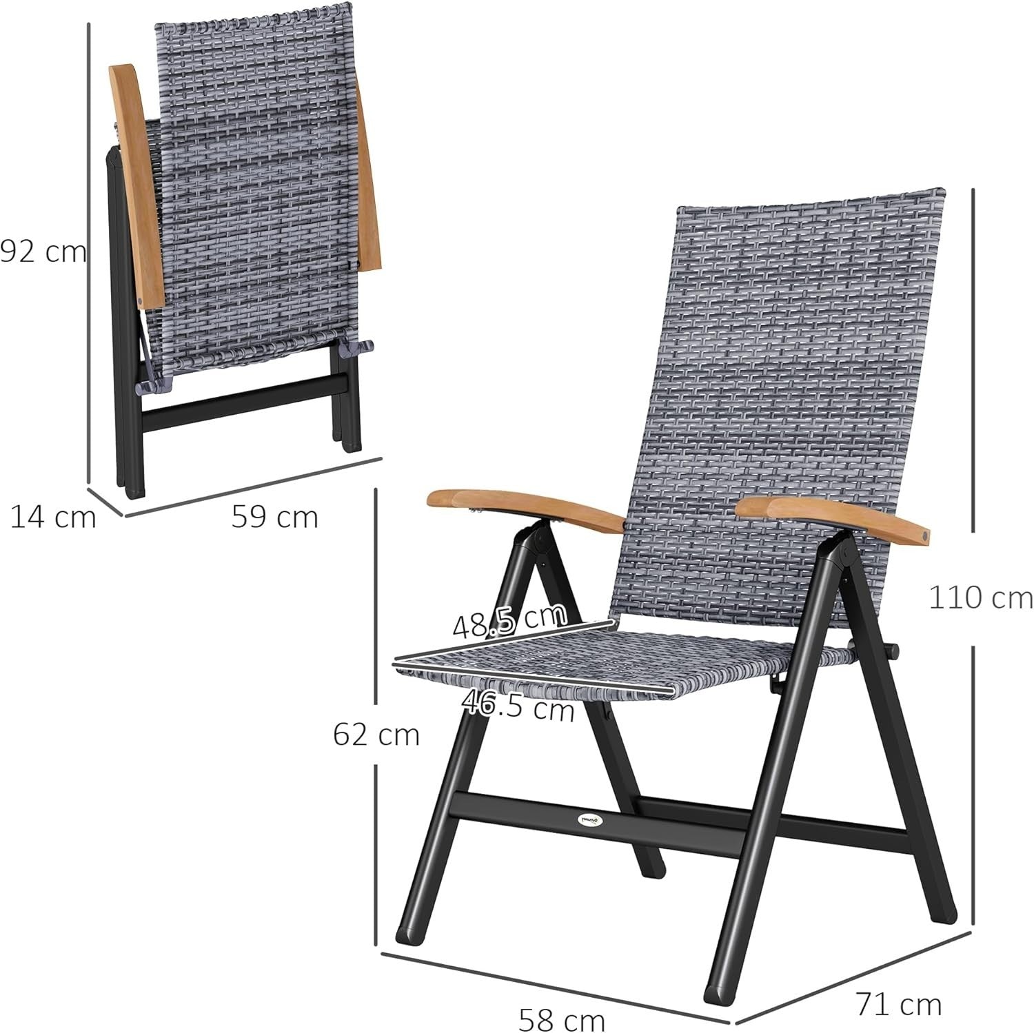 Light Grey Folding Recliner Chair High Back Rattan Patio Garden Seat