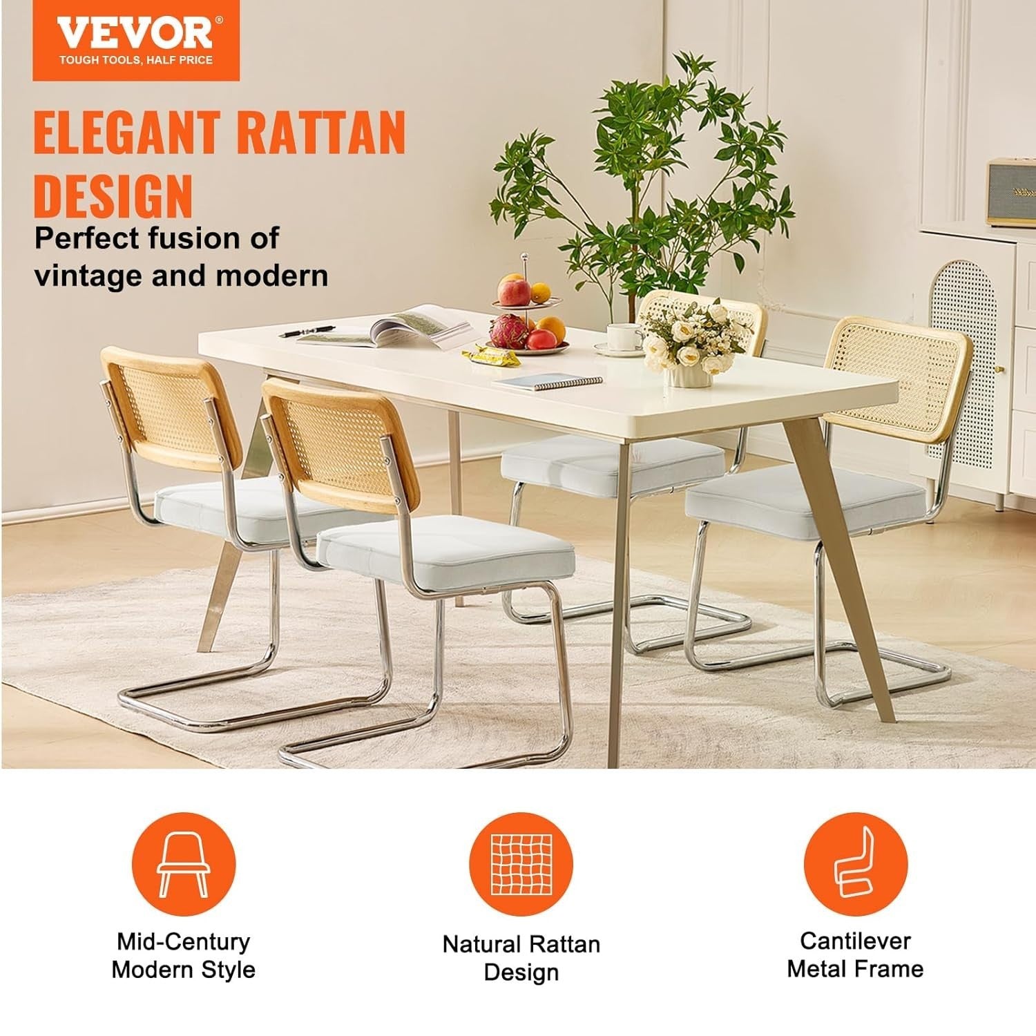 Set of 4 Rattan Dining Chairs Cushioned Modern Kitchen Seating White Upholstery