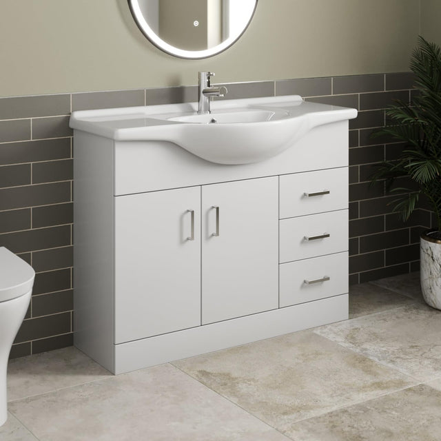 1050mm White Gloss Vanity Sink Unit – Bathroom Basin Cabinet with Doors & Drawer