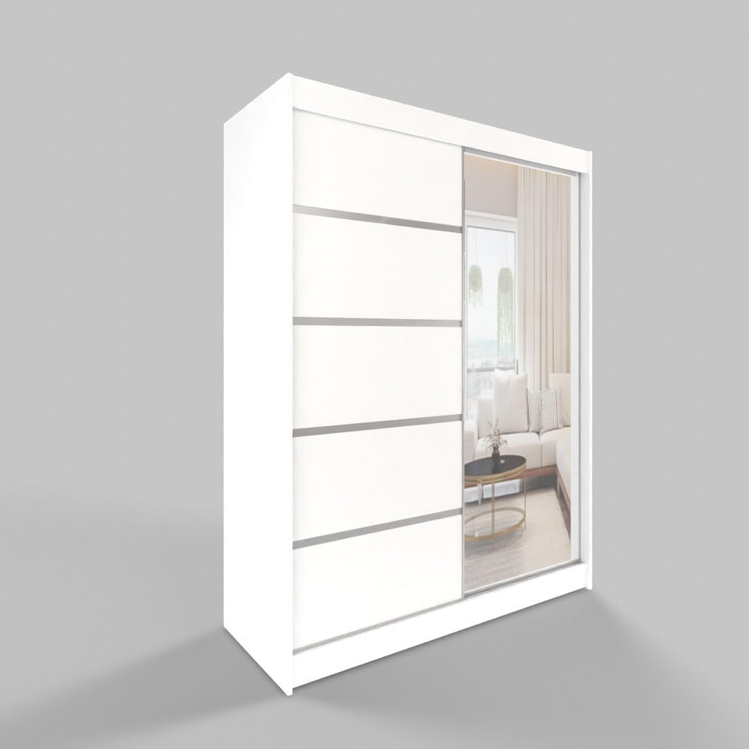 Modern Sliding Mirror Wardrobe 150cm White Storage Closet Bedroom