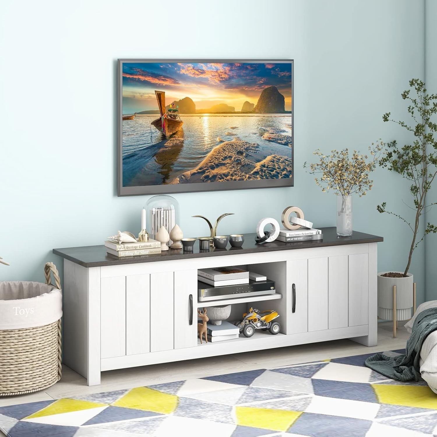 Wooden TV Stand for TVs up to 65" with Storage Shelves & Cable Management