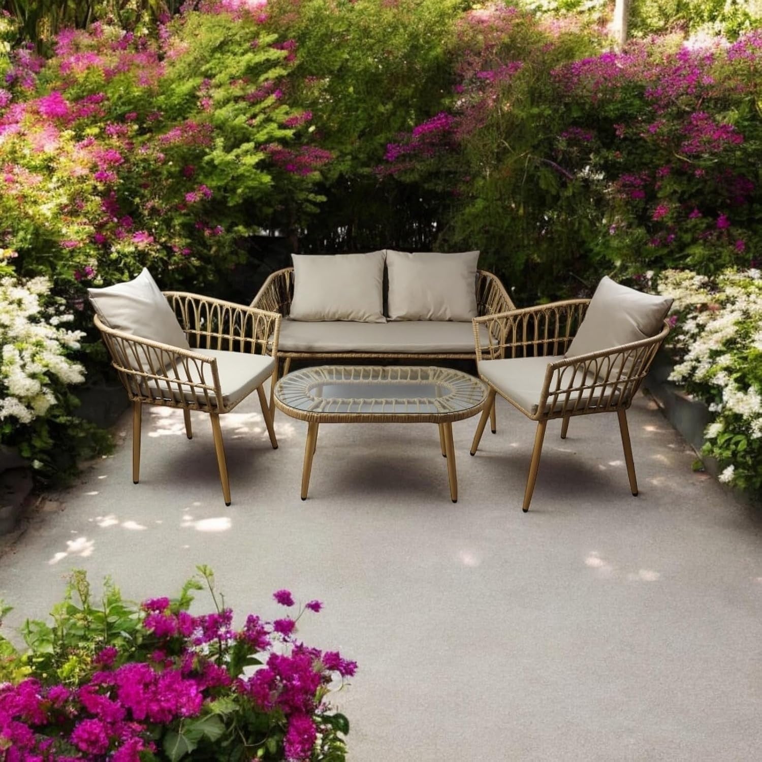 4PC Rattan Sofa Set Outdoor Garden Patio Lounge Chairs Table Cushions Cream