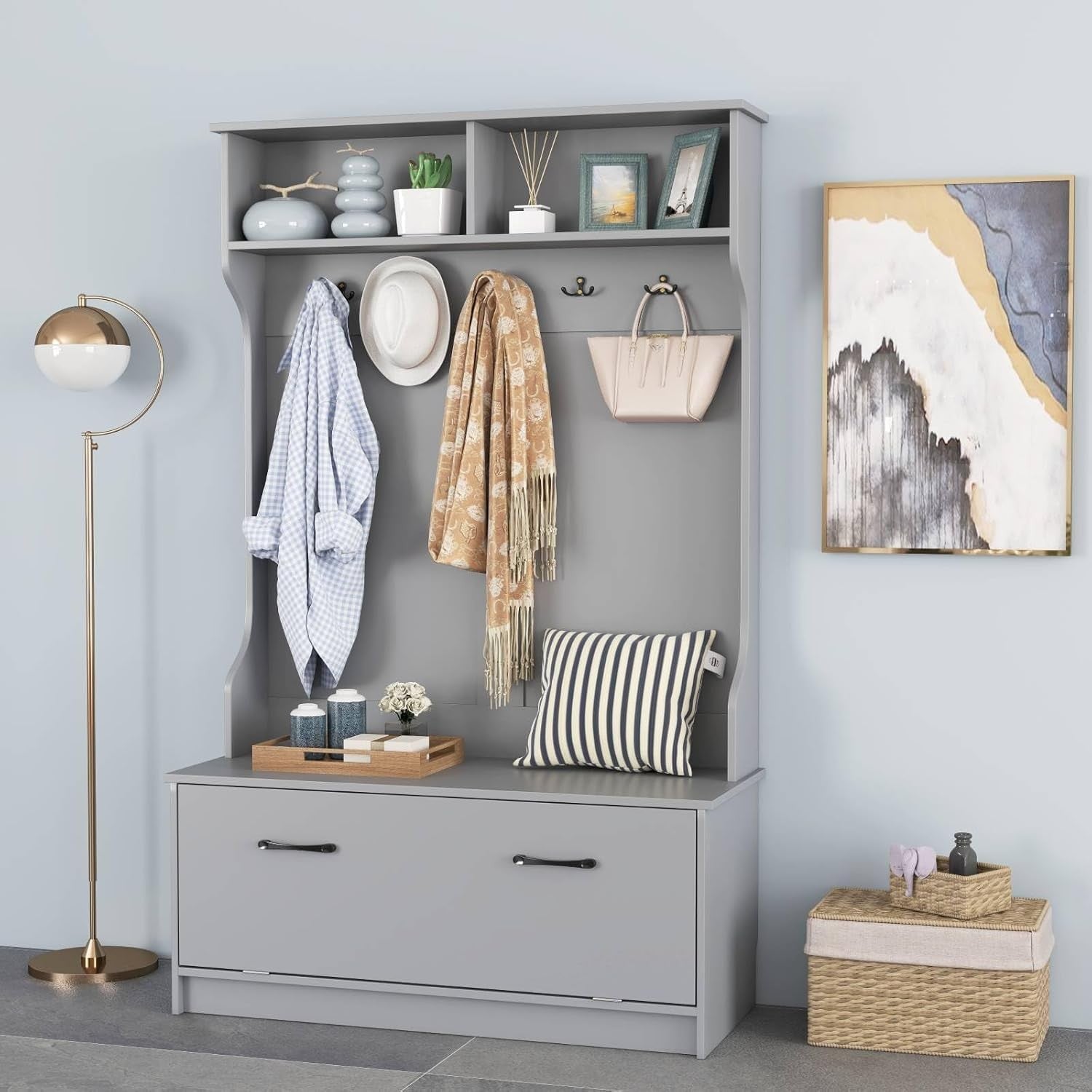 Grey Hall Tree Coat Rack with Shoe Storage Bench & Shelves for Entryway