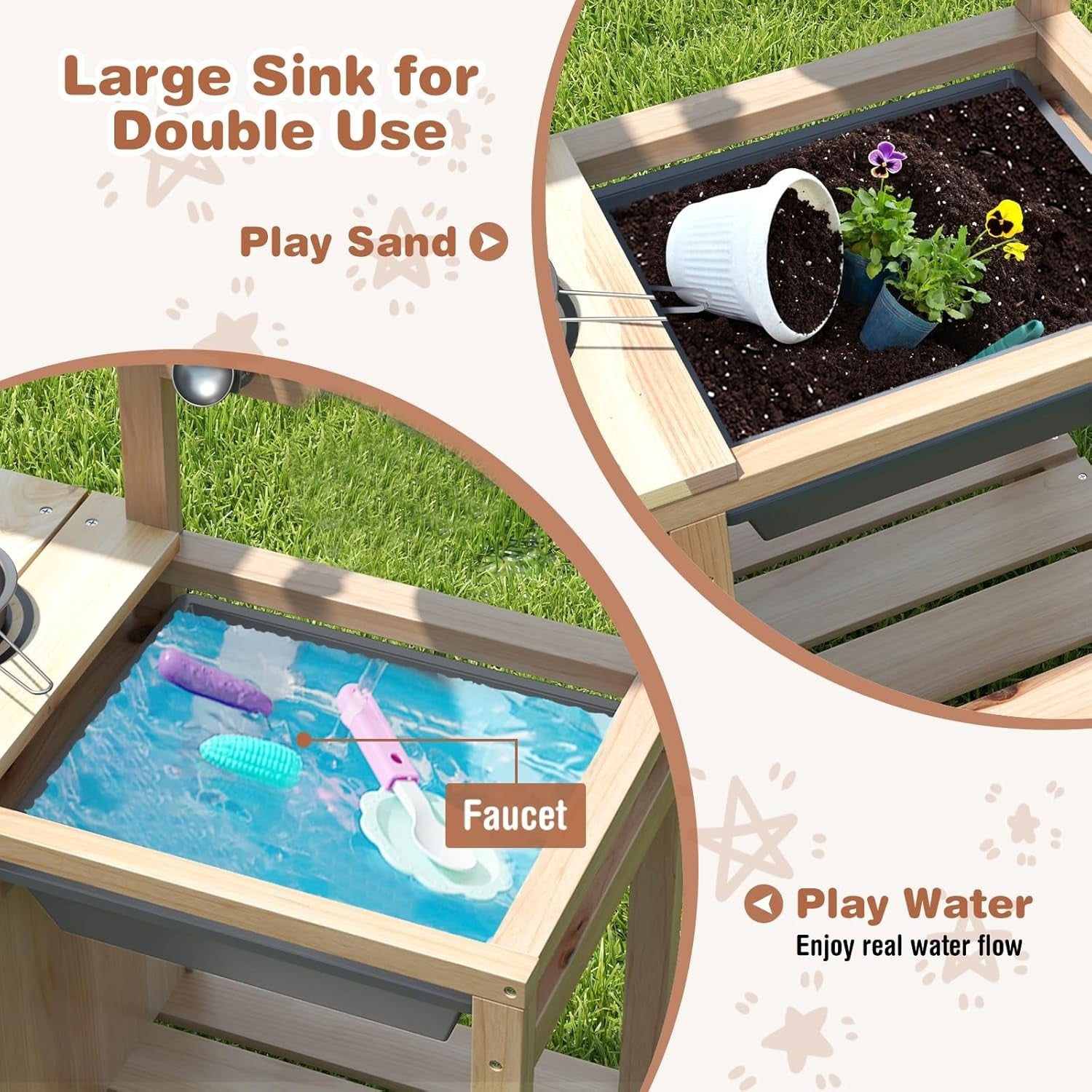 Kids Mud Kitchen Outdoor Wooden Play Kitchen Sink Gardening Toy Set