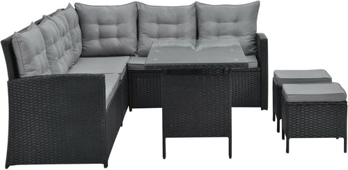 8 Seat PE Rattan Garden Sofa Dining Set with Cushions & Glass Table Patio