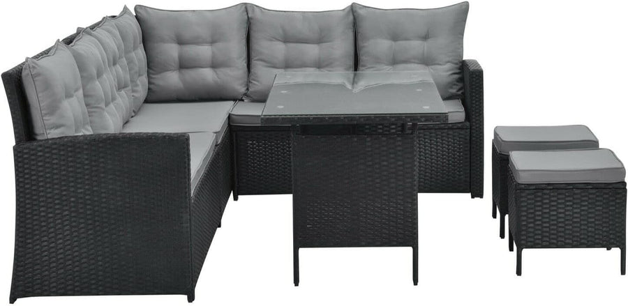 8 Seat PE Rattan Garden Sofa Dining Set with Cushions & Glass Table Patio