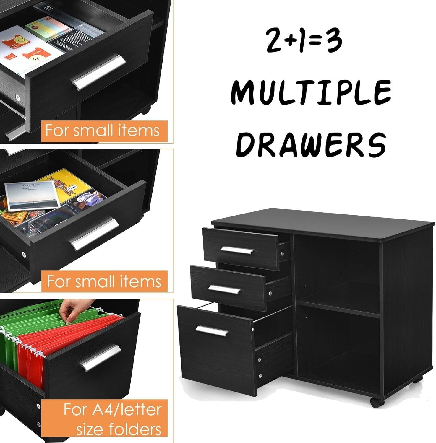 3 Drawer Mobile Filing Cabinet with Shelves Under Desk Office Storage Black