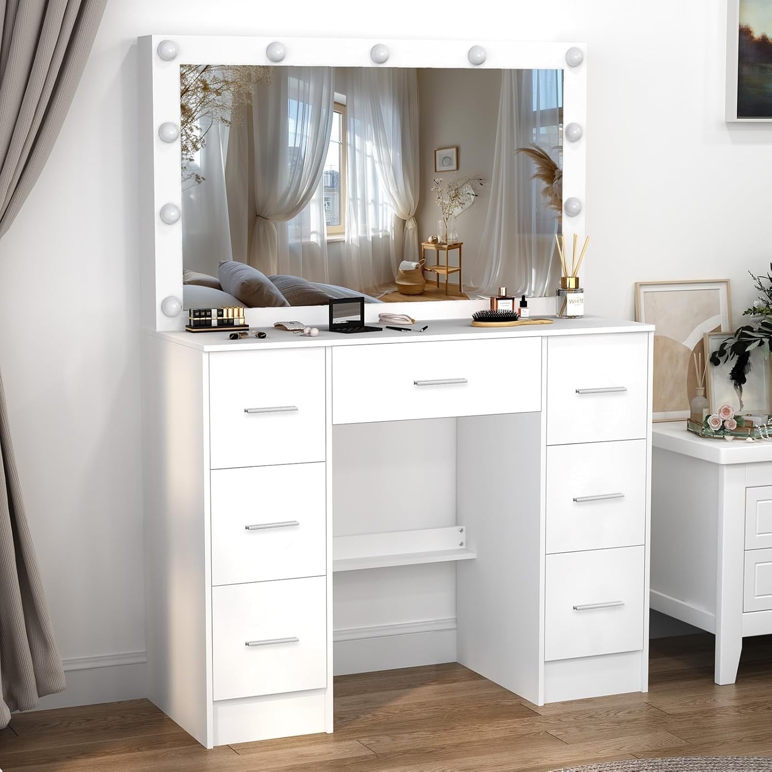 Vanity Makeup Dressing Table with 3-Color LED Mirror 7-Drawer Large White Storag