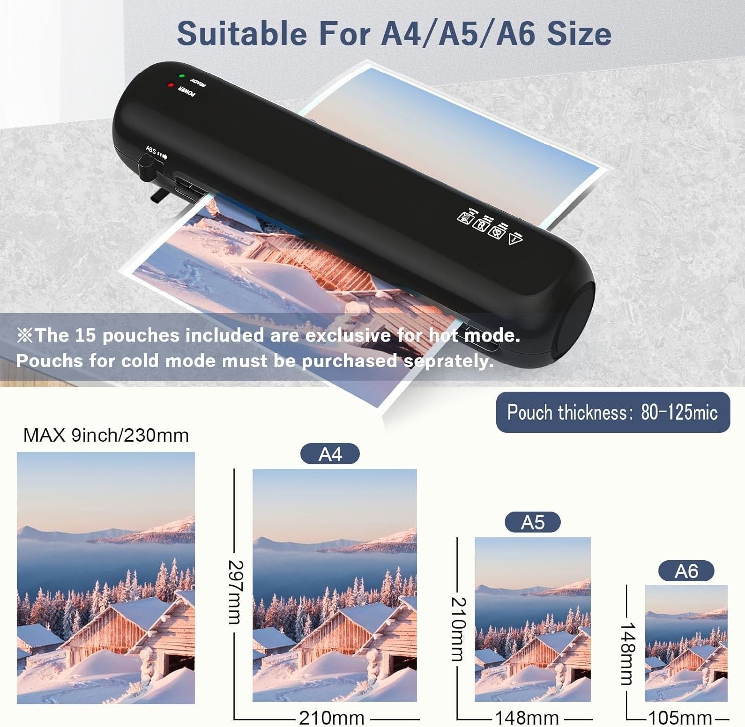 A4 Laminator Hot Cold 6-in-1 Portable Fast Warm Up No Bubble + 15 Pouches