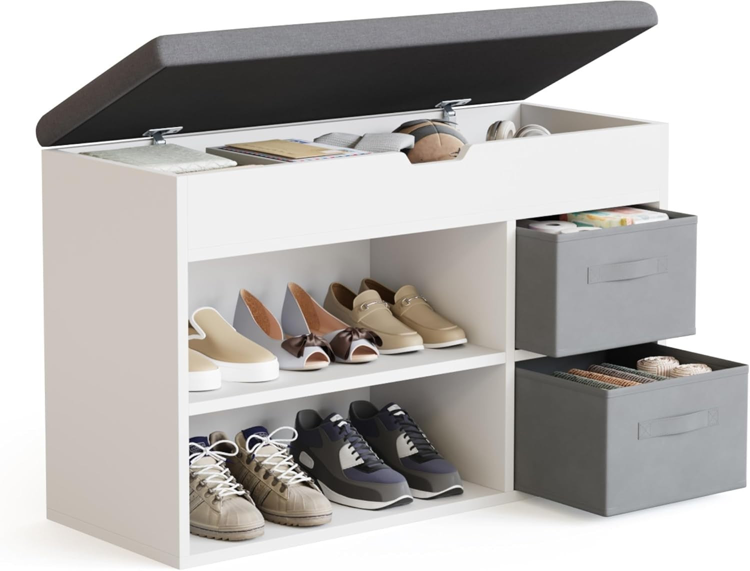 White Shoe Storage Bench with Cushion & Adjustable Shelves, 80x48x30 cm