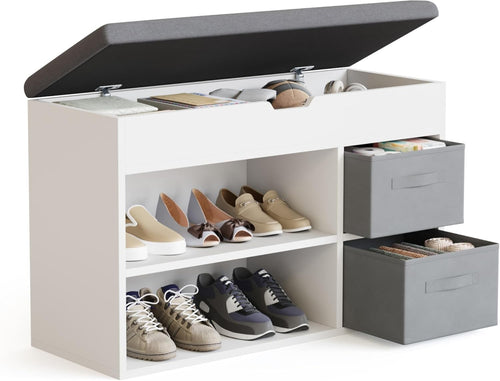 White Shoe Storage Bench with Cushion & Adjustable Shelves, 80x48x30 cm