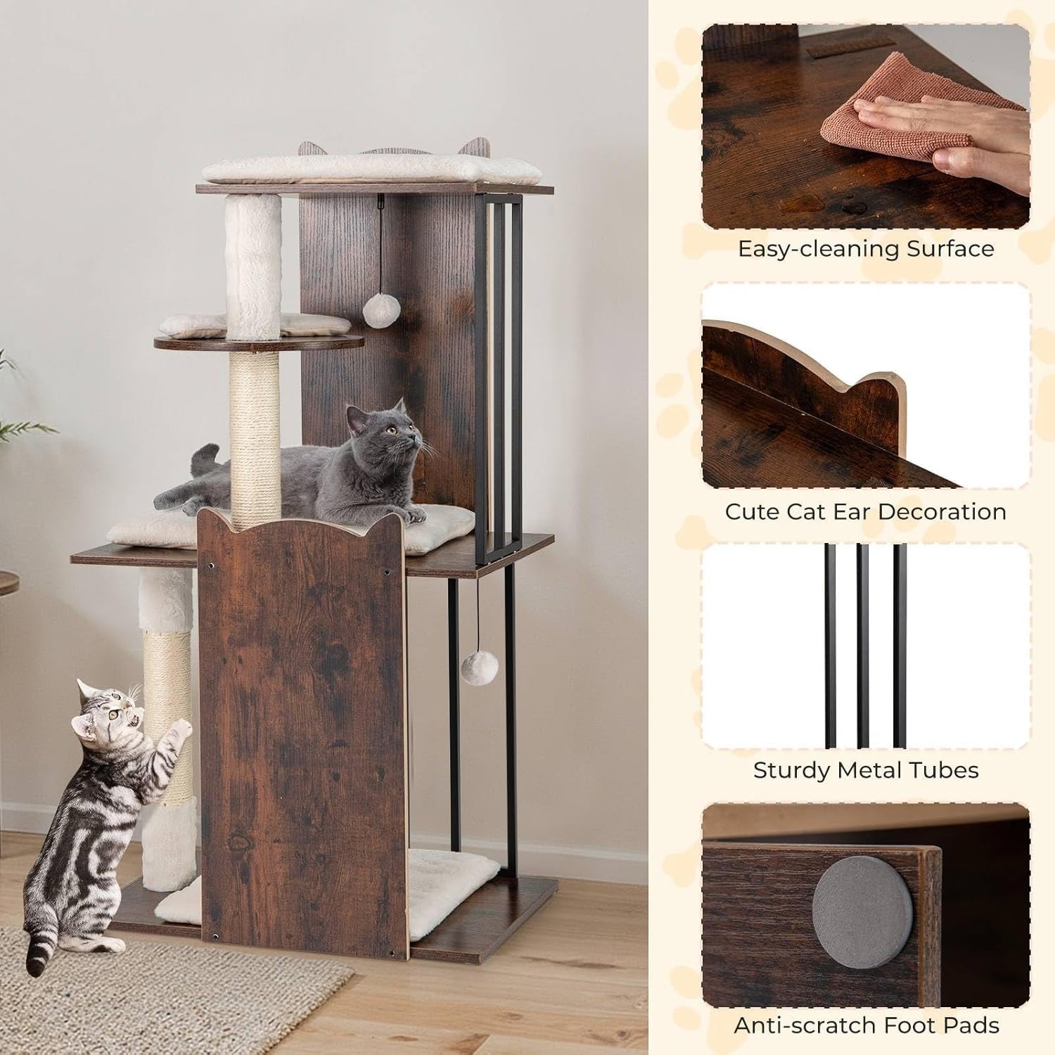Modern Cat Tree Tower 112cm Multi Level Wooden Scratching Post Play Centre