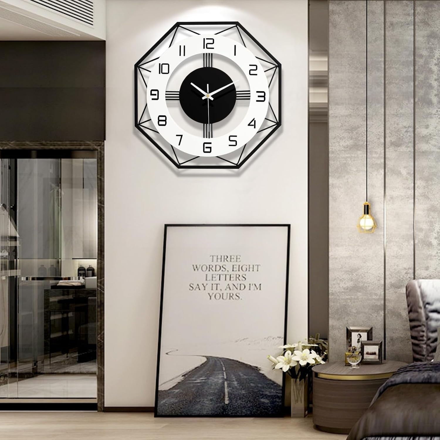 27.5" Silent Wall Clock Black White Modern Large Metal Office Decor