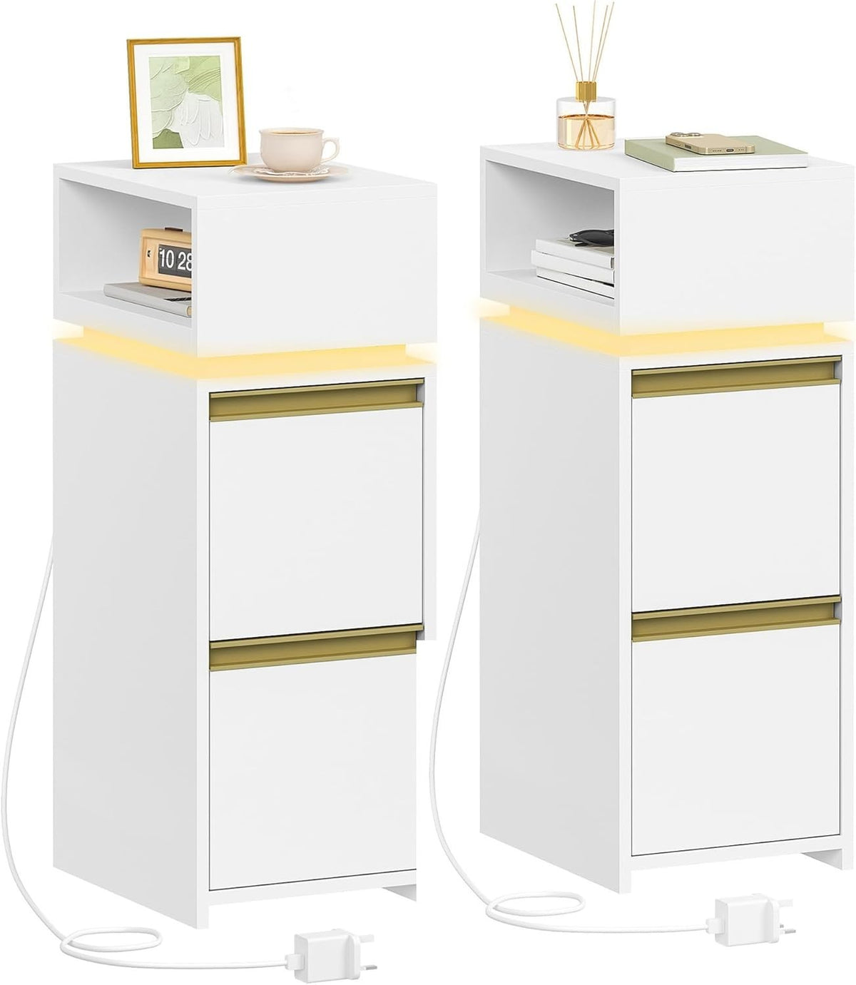 Modern LED Bedside Tables Set of 2 with Drawers & Open Shelf – Slim Nightstands
