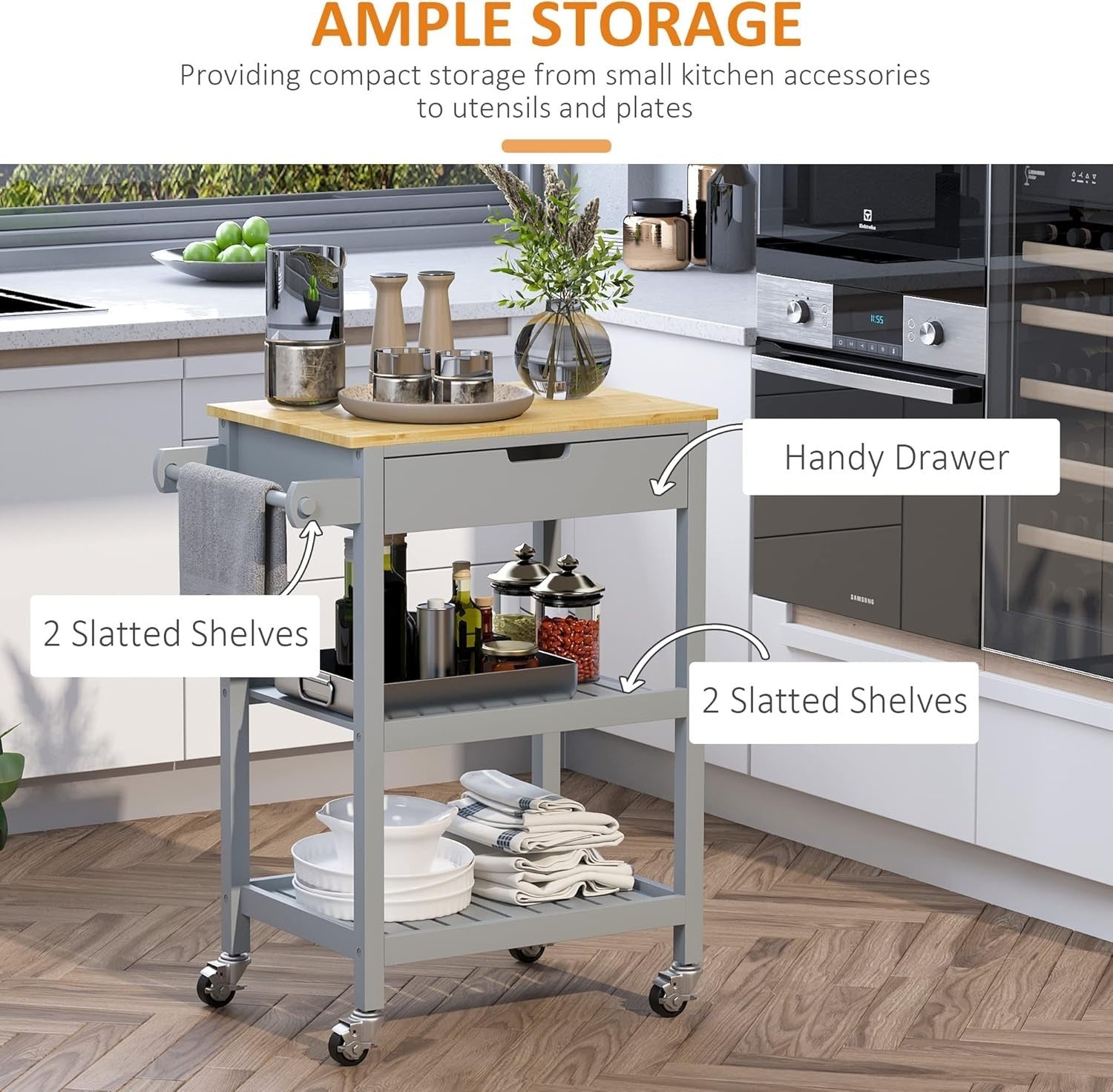 Kitchen Trolley Cart on Wheels w/ Wood Top Drawer Shelves