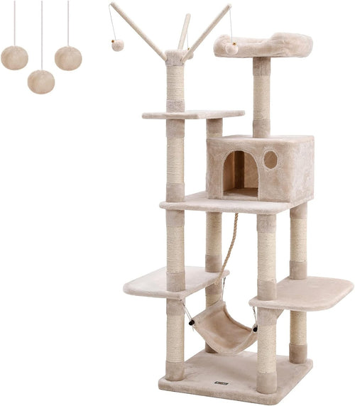 Large Cat Tree Tower with Hammock Condo Scratching Posts 154cm Beige