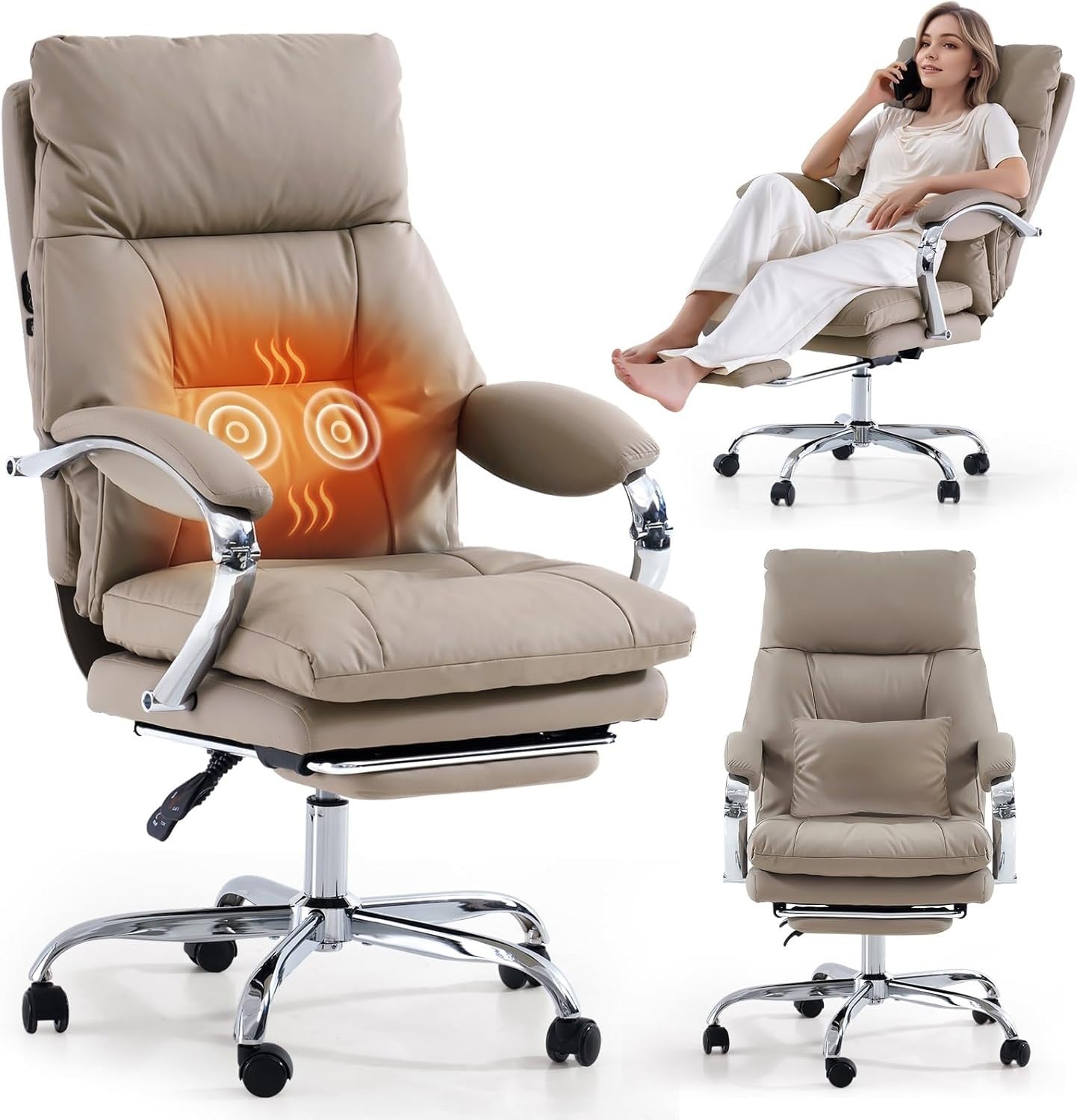 Heated Massage Office Chair Recliner Footrest Ergonomic High Back Khaki