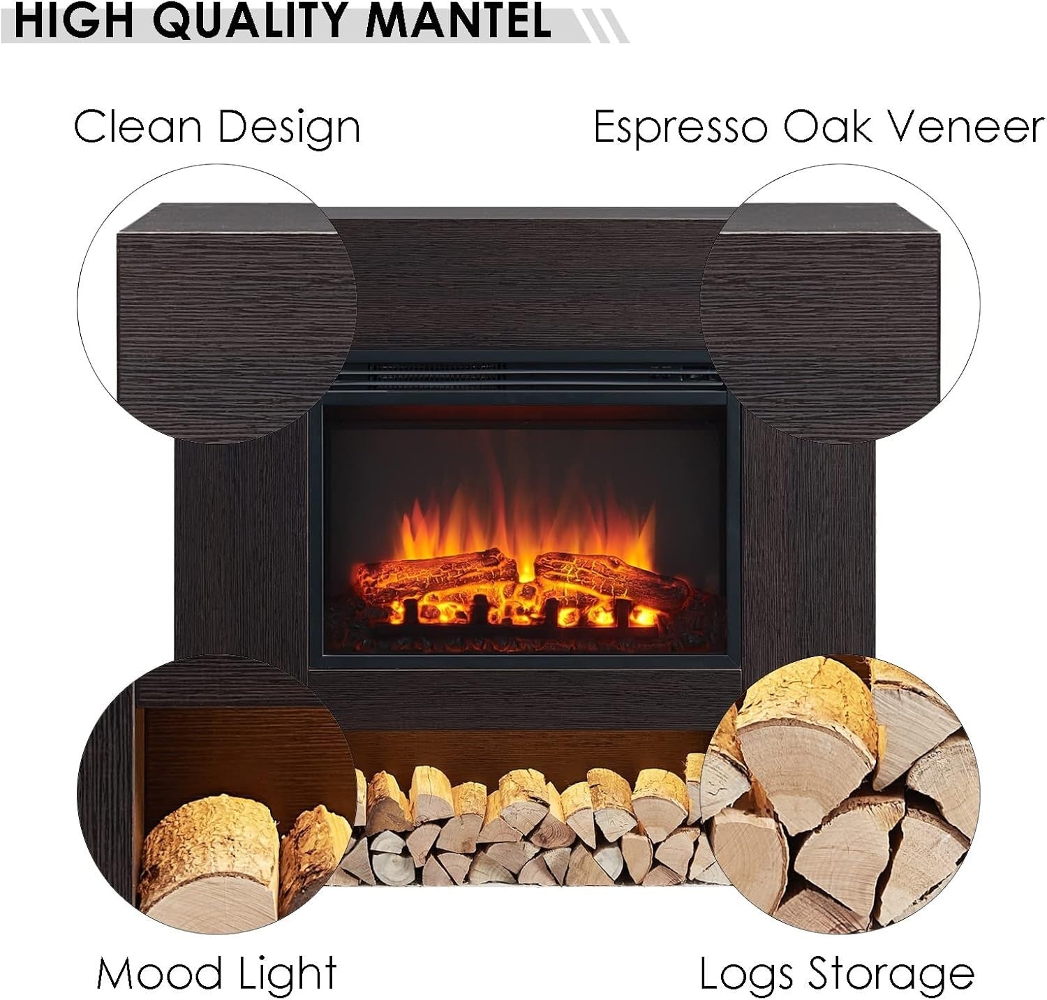 Electric Fireplace Heater 2000W with Realistic Flame Effect & Remote Control
